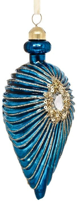 Blue glass teardrop ornament with gold swirling details and a jeweled starburst centerpiece.