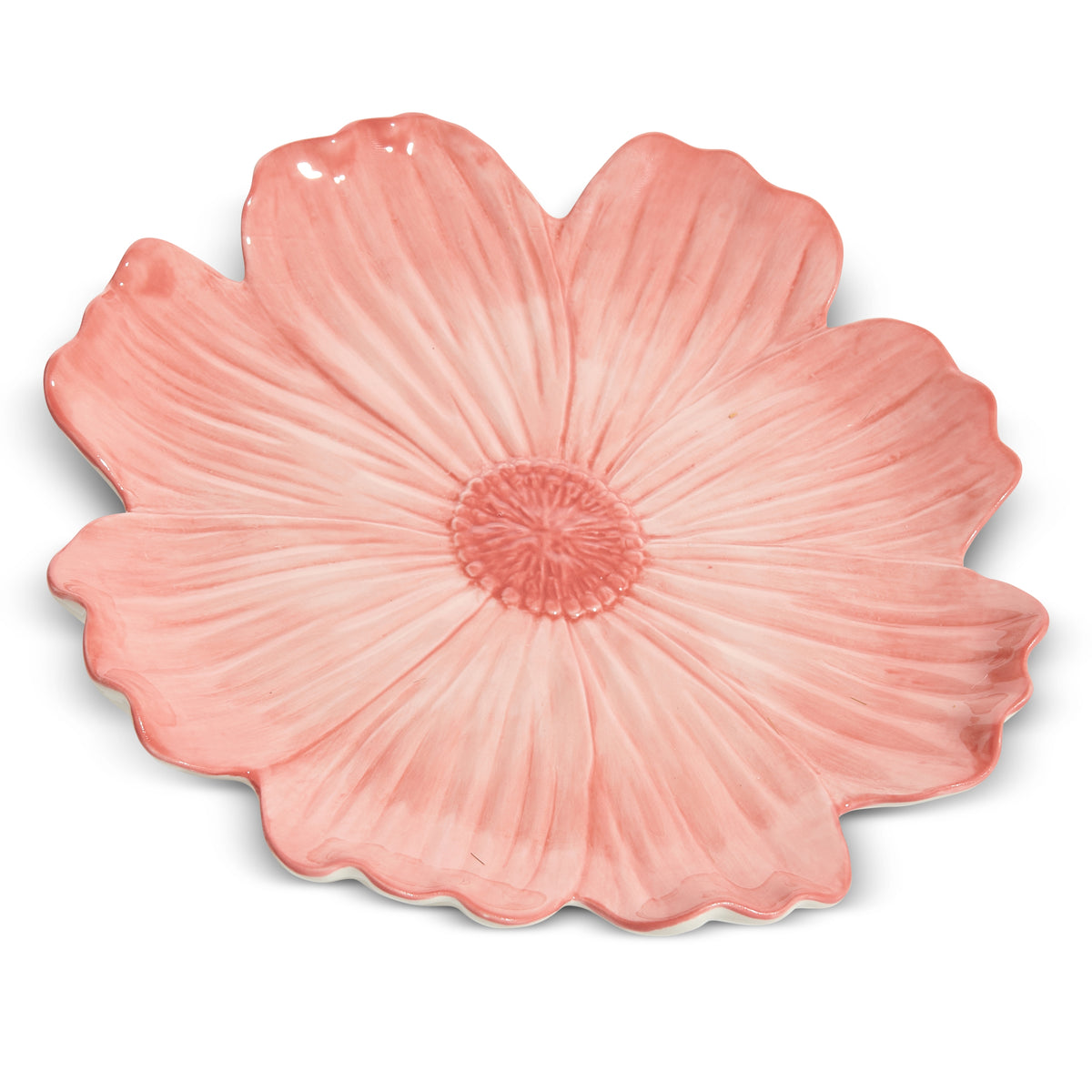 Pink dolomite floral bloom dinner plate with a light food-safe finish.