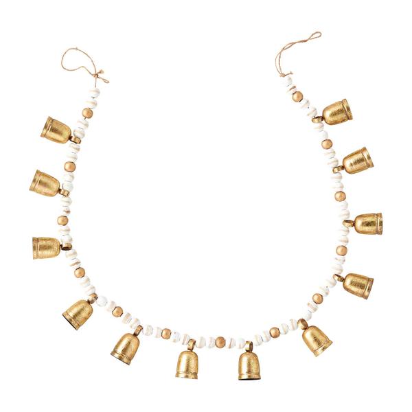 60-inch wood bead garland featuring white and gold mango wood beads with hanging gold metal bells.