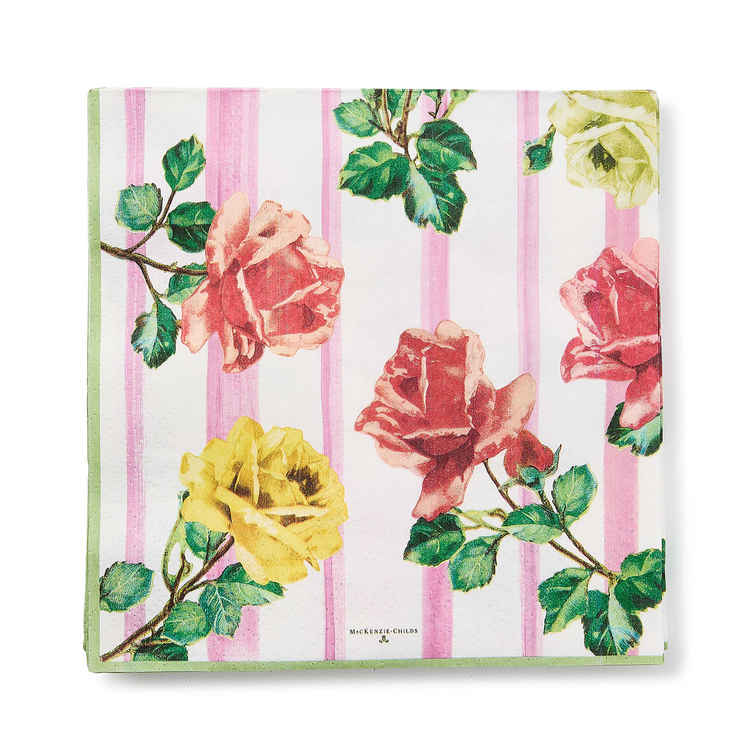 Garden Gala Dinner Paper Napkins featuring pink and yellow roses on a pink striped background.