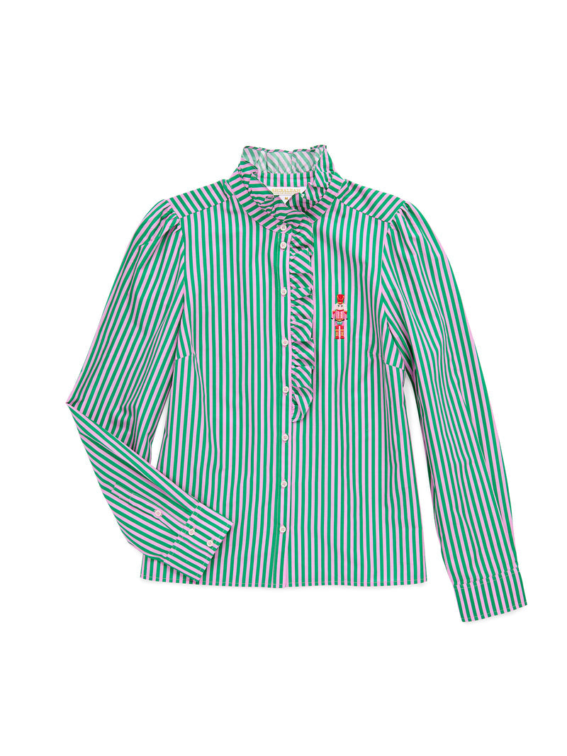 Green and pink candy-striped ruffle blouse with an embroidered nutcracker on the chest.