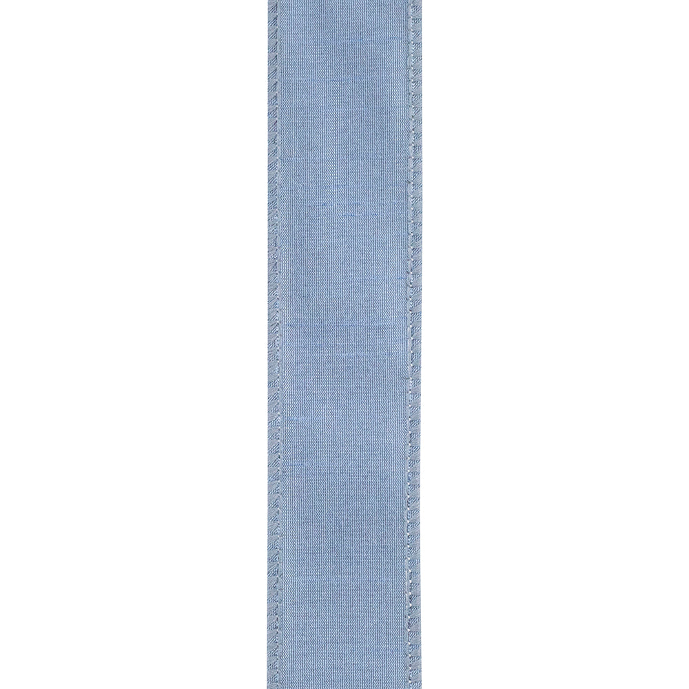 1.5 inch French blue Dupioni Supreme wired edge ribbon with a textured weave.