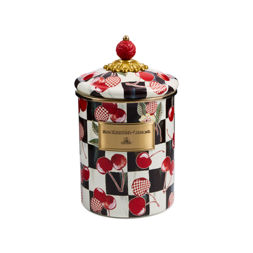 Mon Cheri Medium Canister with black and white checks, cherry patterns, and a red cinnabar knob.