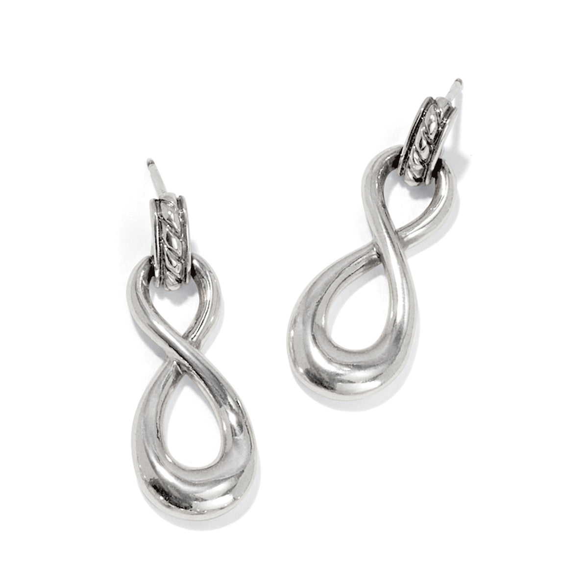 Silver plated post earrings with flat disc backs featuring a half-inch width and one-inch drop.