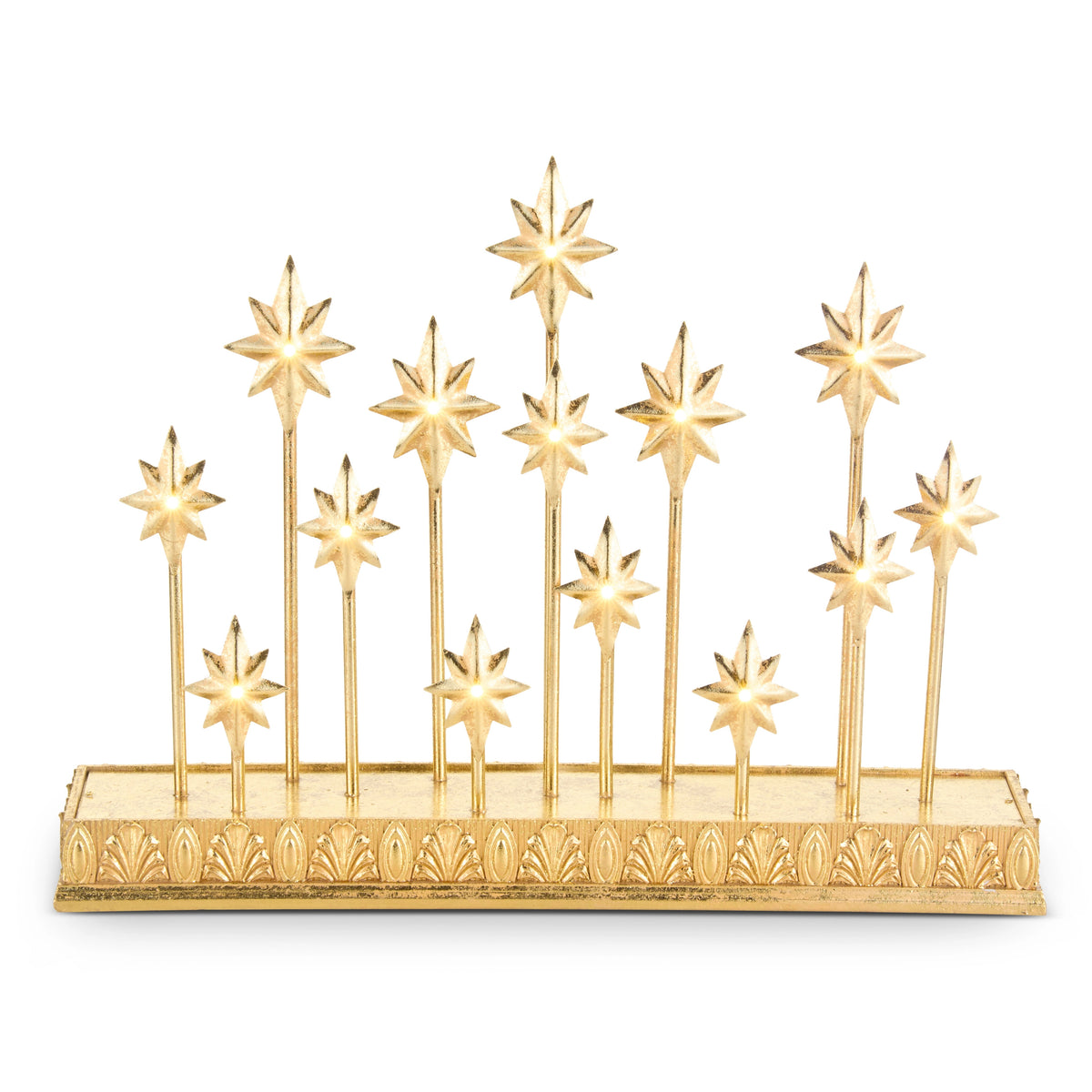 11-inch gold mantel decor featuring thirteen lighted stars on thin stems atop a rectangular base.