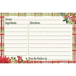 Double-sided recipe card featuring Christmas greens artwork on lined paper.