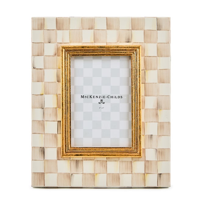 Mocha Check 4" x 6" photo frame with a gold inner border and checkered pattern.