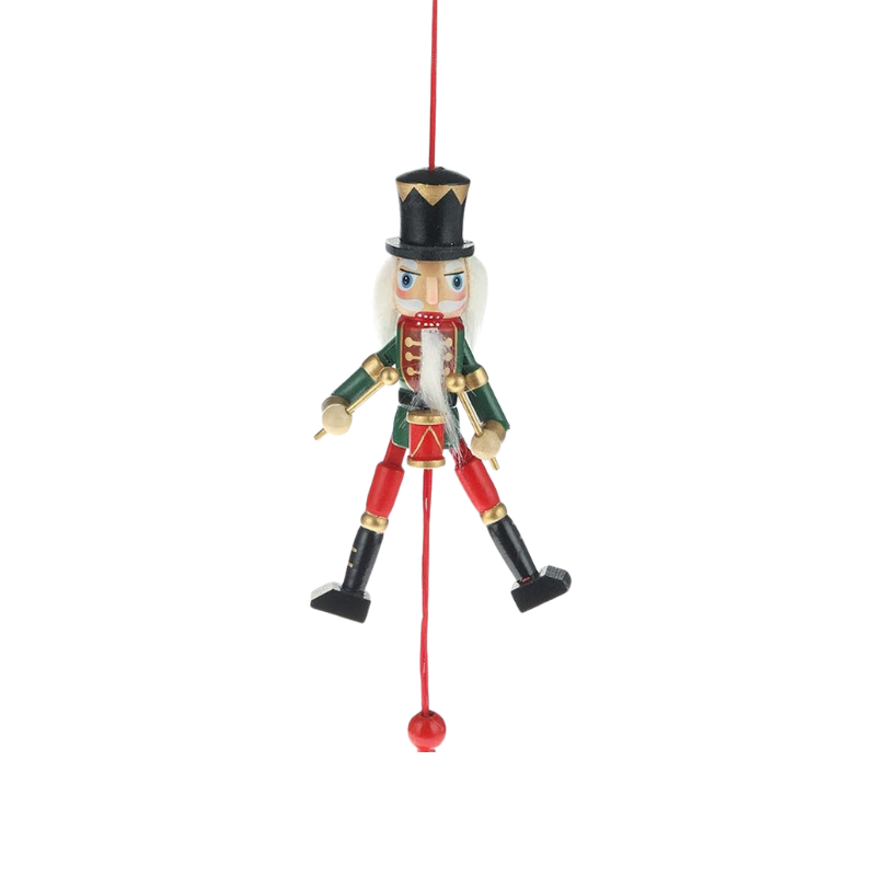 5-inch wooden nutcracker pull puppet ornament with a black hat, green jacket, and movable limbs.