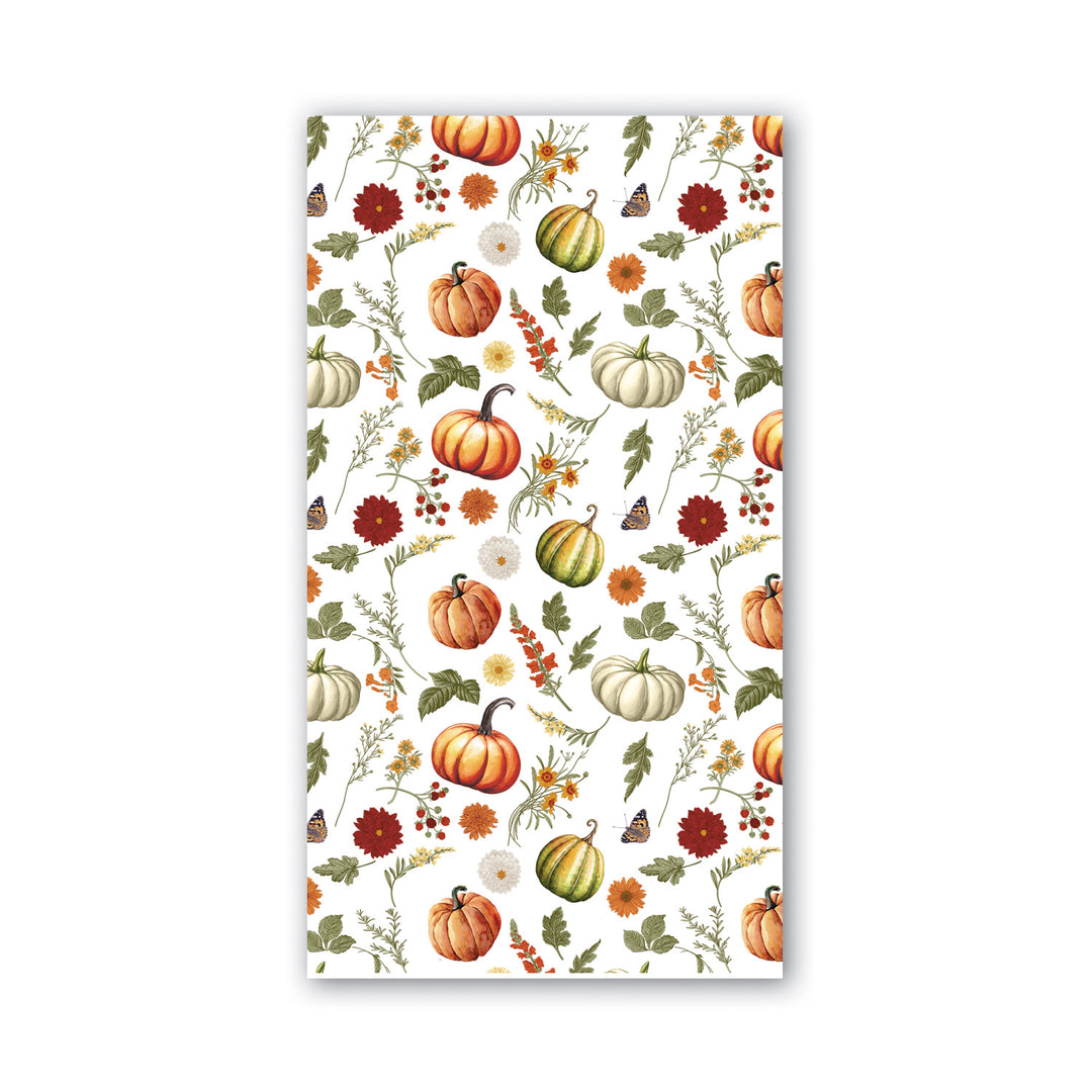 Hostess napkins with a repeating pattern of pumpkins, autumn flowers, leaves, and butterflies.