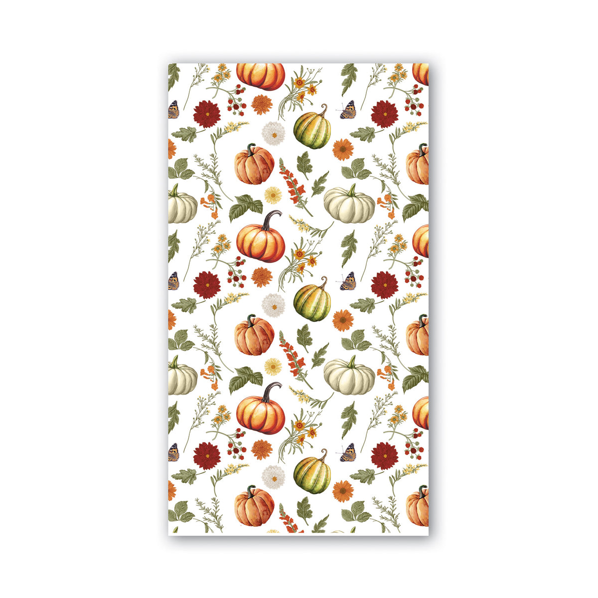 Hostess napkins with a repeating pattern of pumpkins, autumn flowers, leaves, and butterflies.
