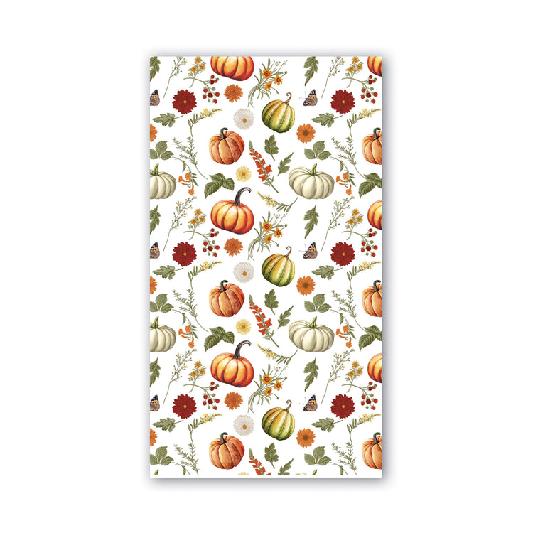 Hostess napkins with a repeating pattern of pumpkins, autumn flowers, leaves, and butterflies.
