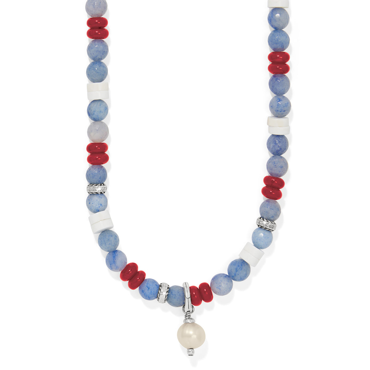 Americana Beach necklace with blue aventurine, red coral, white turquoise, and a pearl charm.
