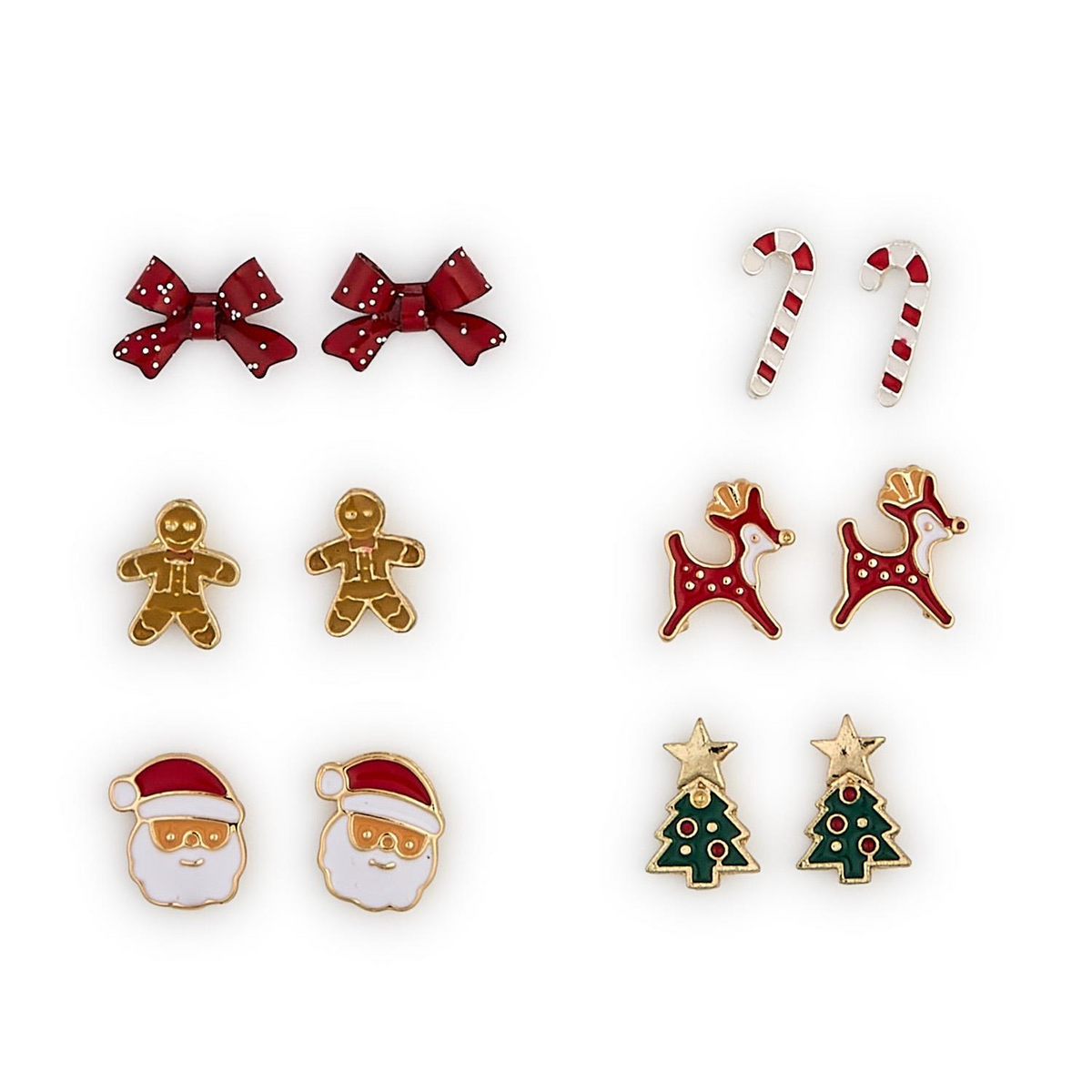 Set of six pairs of festive enamel stud earrings including bows, candy canes, and Santa Claus.