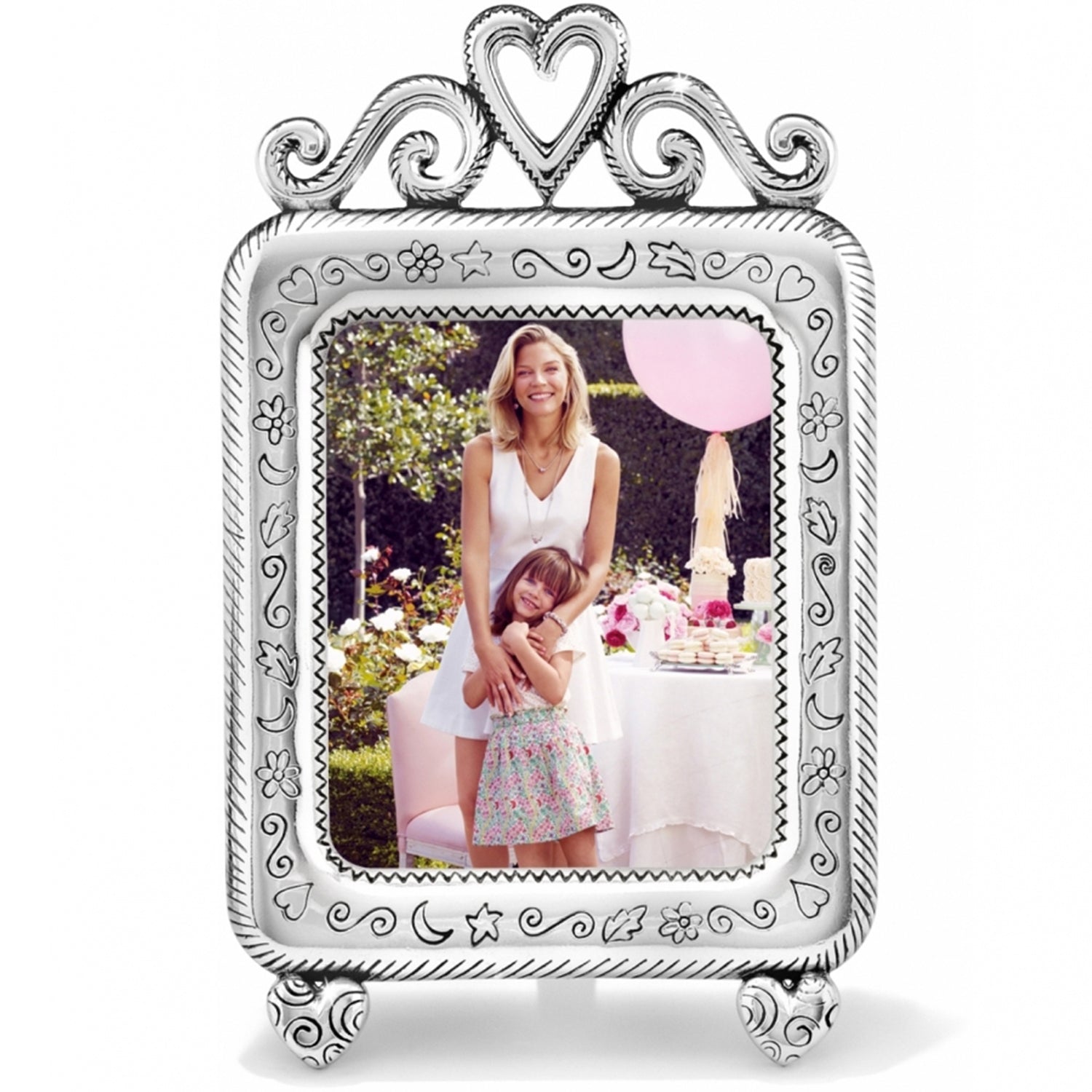 Silver-plated Good Times Frame with heart and scroll details, holding a photo of a woman and child.