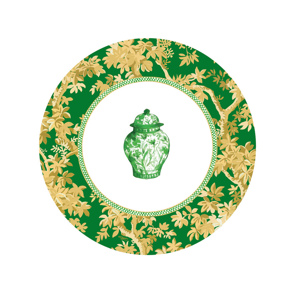 Round salad plate with a green ginger jar center and a dark green floral leaf border.