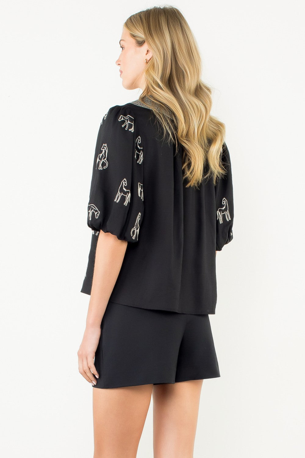 Abigail Embroidered Horse Puff Sleeve Top
