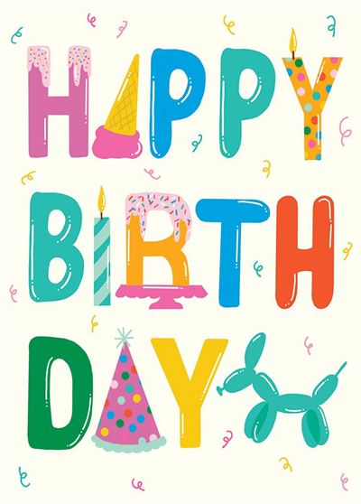 Happy Birthday greeting card featuring a colorful balloon animal party scene with blank inside pages.