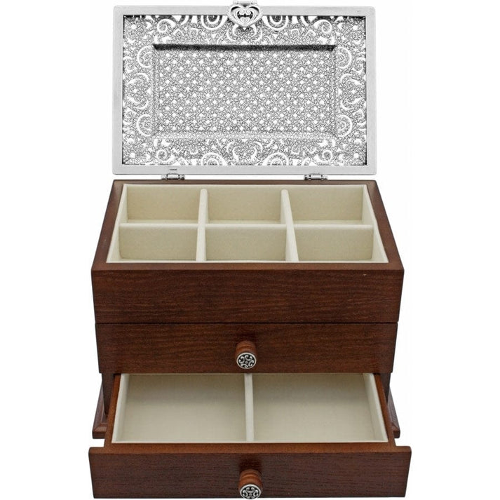 Lacie Daisy Jewelry Chest in dark wood with silver-plated floral lid, six top slots, and two drawers