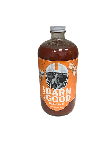 32 oz bottle of Bloody Darn Good The Hail Mary Bloody Mary mix with an orange and white label.