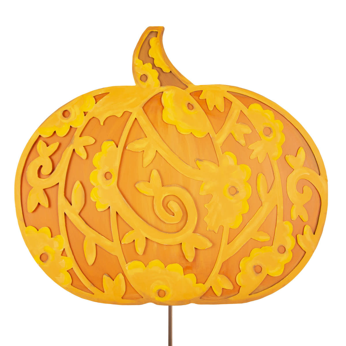 Orange lace pumpkin decor with a stake base, measuring 30 inches tall.