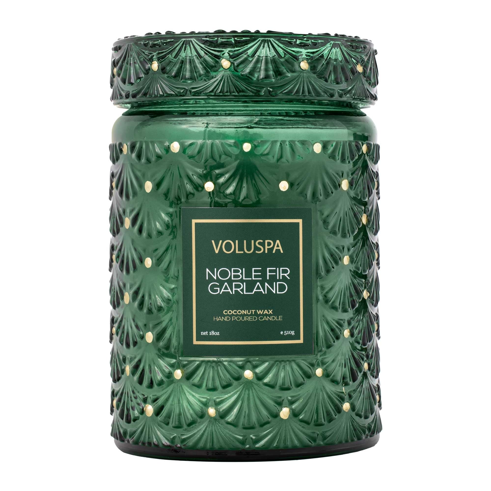 Large jar candle with Noble Fir garland decoration in a natural wax finish.