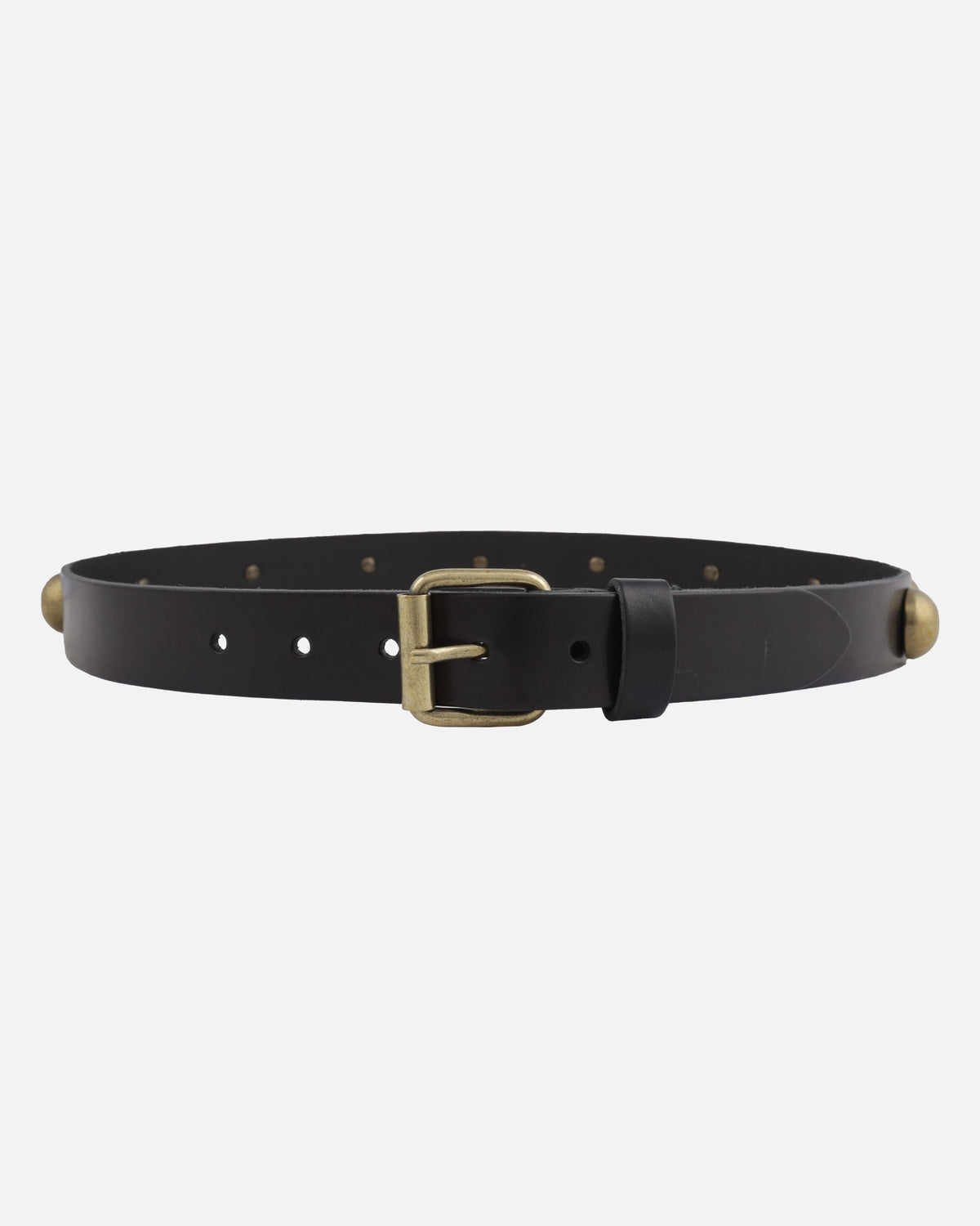 Black vegetable tanned leather statement belt with silver nickel-free buckle and large circle studs.