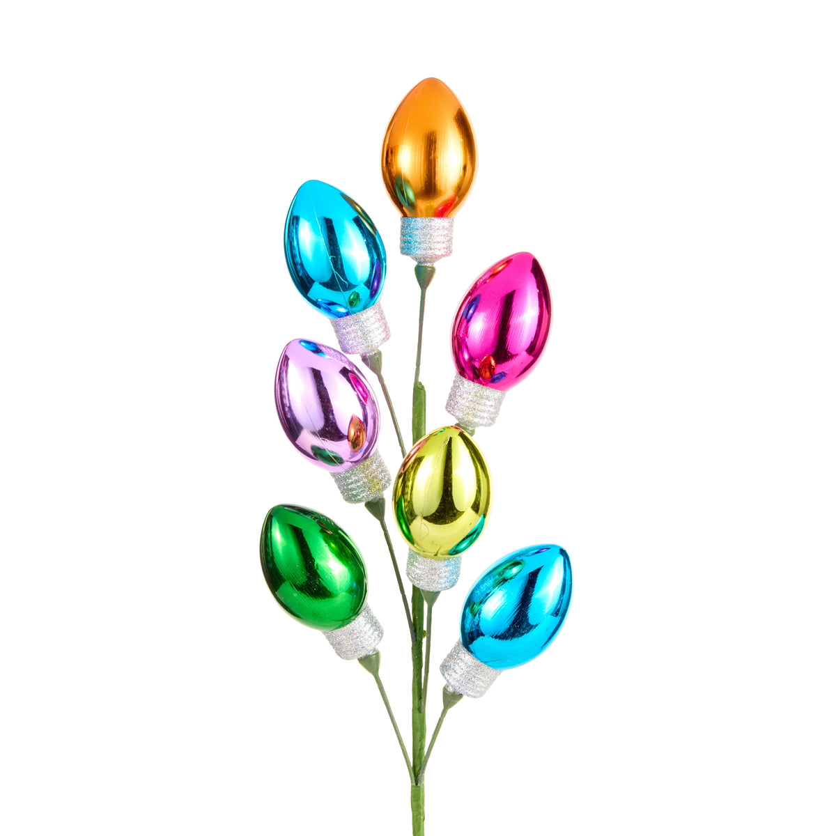 28-inch multicolor light bulb spray with seven shiny, colorful bulb ornaments on a green stem.