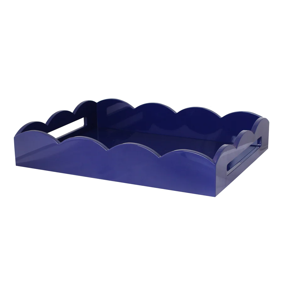 Navy blue medium lacquered serving tray with scalloped edges and handle cutouts.