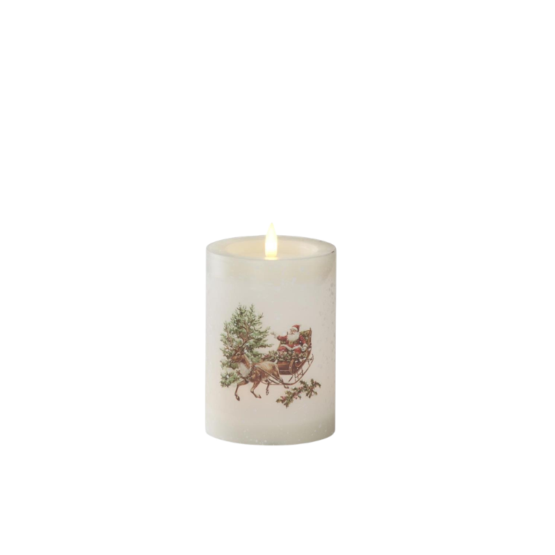 White glass LED pillar candle with a vintage illustration of Santa in a reindeer-drawn sleigh.