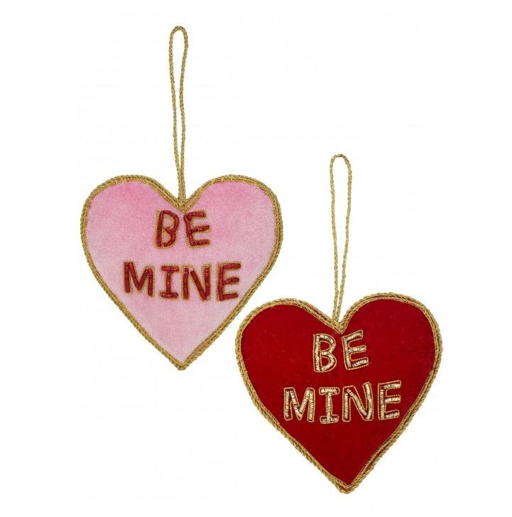 4-inch square velvet heart with embroidered BE MINE text