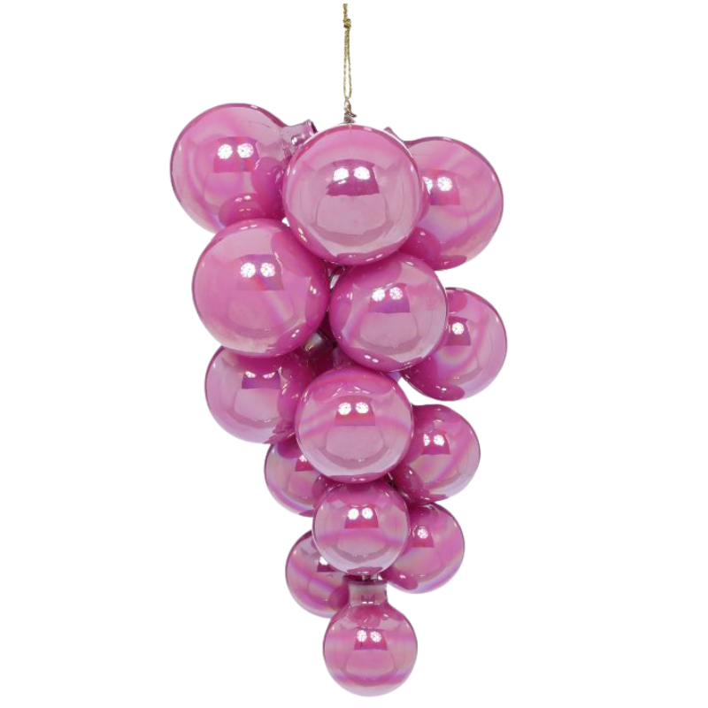 Pearl Grape Cluster Ornament made of lustrous pink glass grapes hanging from a gold string.
