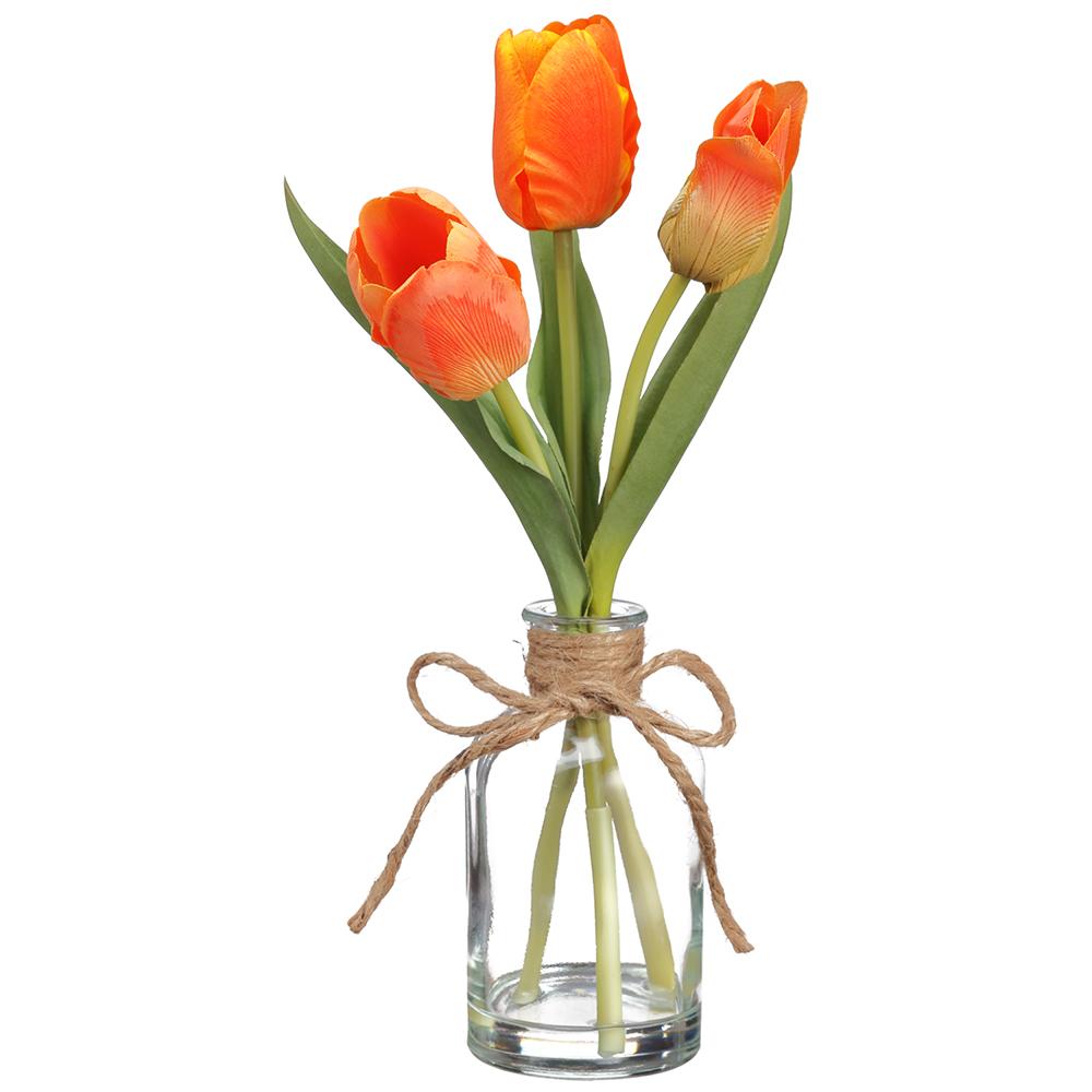 Eleven-inch clear glass tulip vase with a slender stem and flared opening.