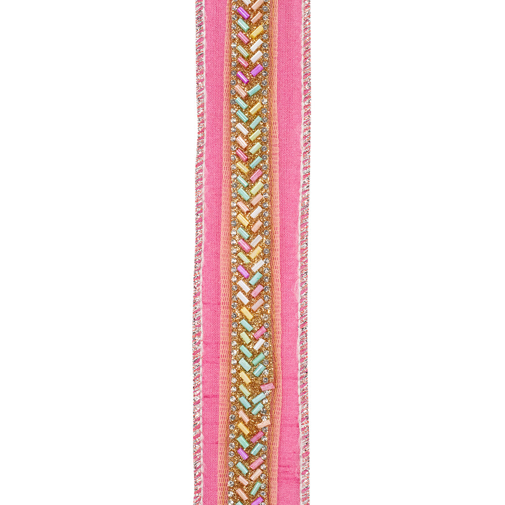 Pink beaded dupioni ribbon with a glitter wired edge and colorful chevron bead pattern.