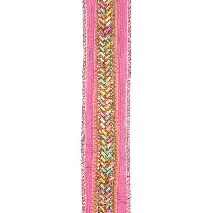 Pink beaded dupioni ribbon with a glitter wired edge and colorful chevron bead pattern.