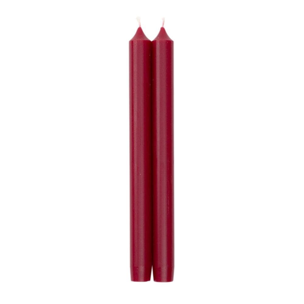 A pair of 10-inch dark red tapered candles with lead-free cotton wicks.