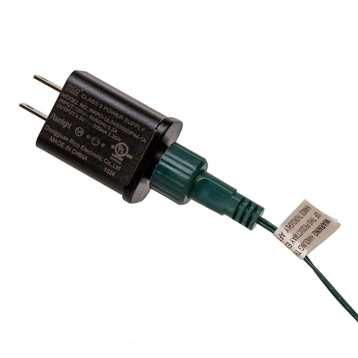 Black Class 2 power supply adapter with green cord and UL safety certification label.