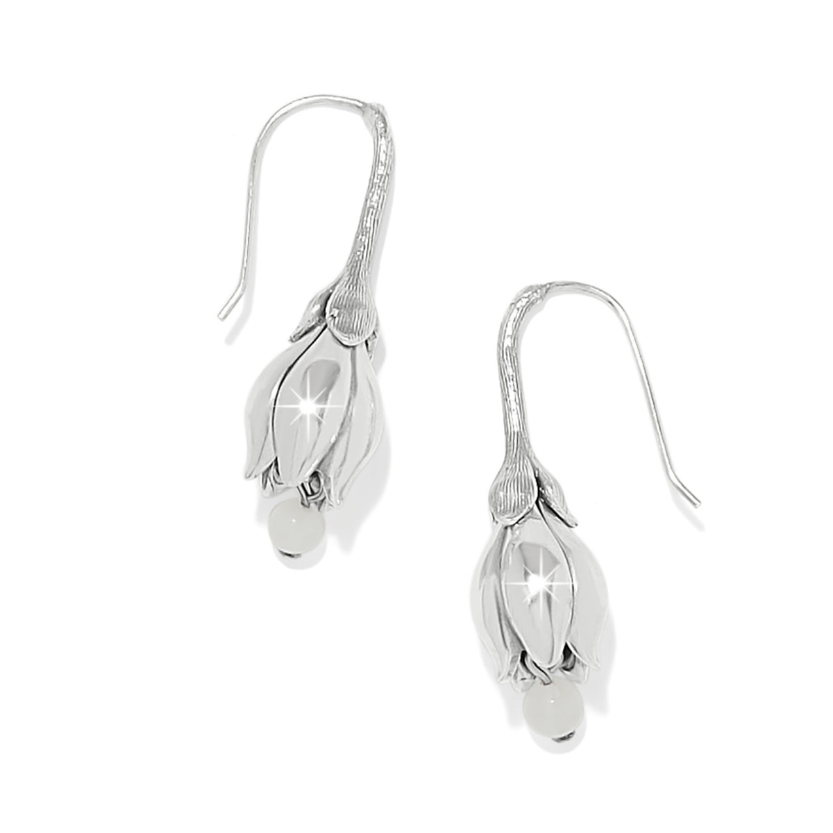 Silver plated French wire earrings with a delicate petal-shaped drop.
