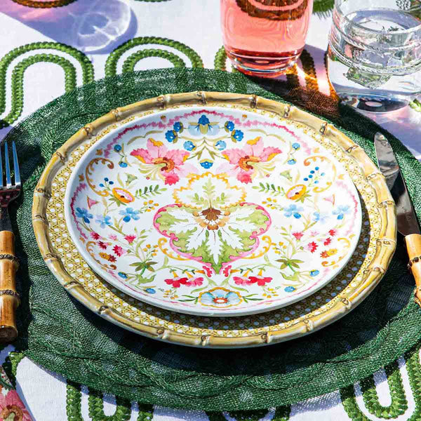 Sofia Melamine Dessert/Salad Plate with a vibrant multi-colored floral pattern on a table setting.