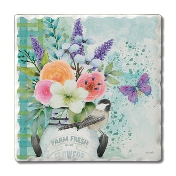 Square tumbled stone coaster with cork backing in natural gray tones.