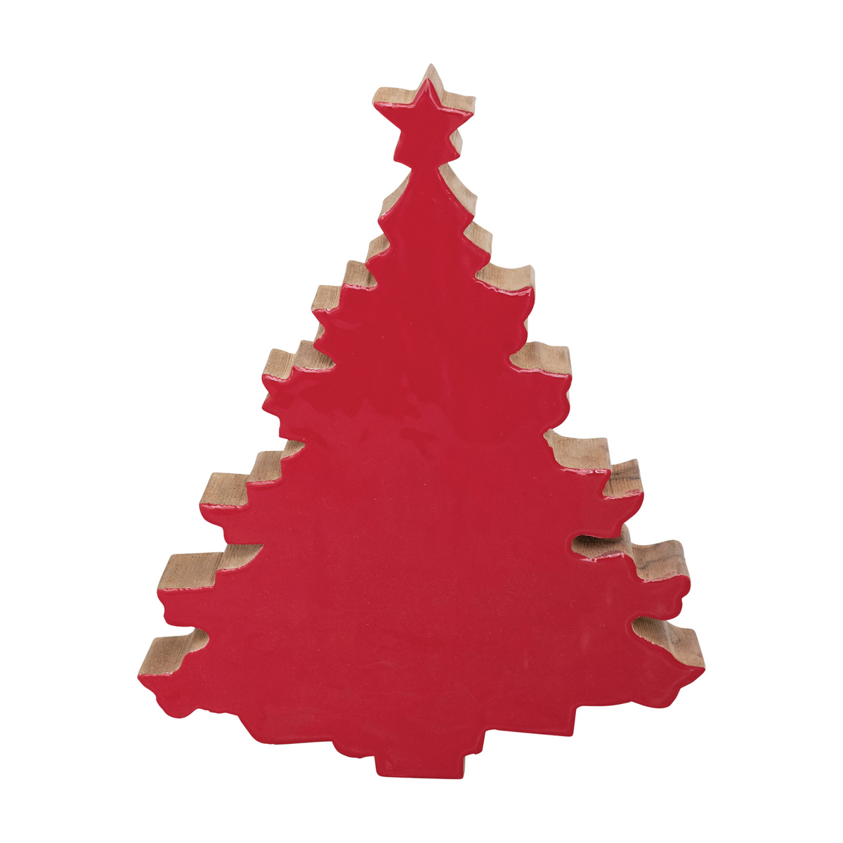 Red enameled mango wood Christmas tree with a natural wood finish.