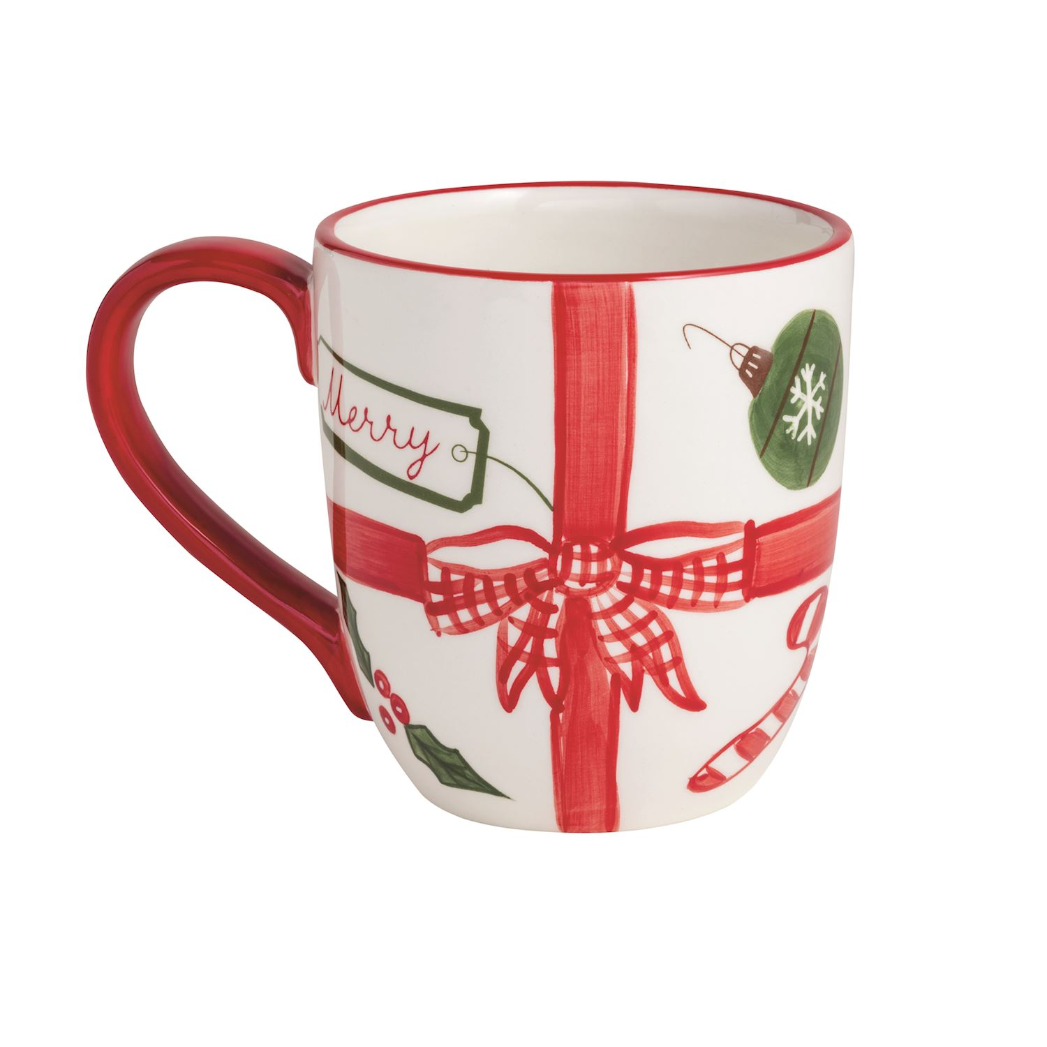 Hand-painted 18 oz ceramic mug with a red ribbon, bow, and festive Christmas illustrations.