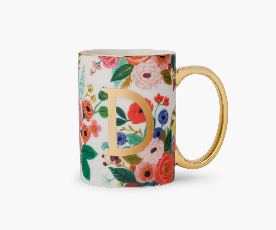 Floral porcelain mug with a gold handle and a gold foil monogram letter D.