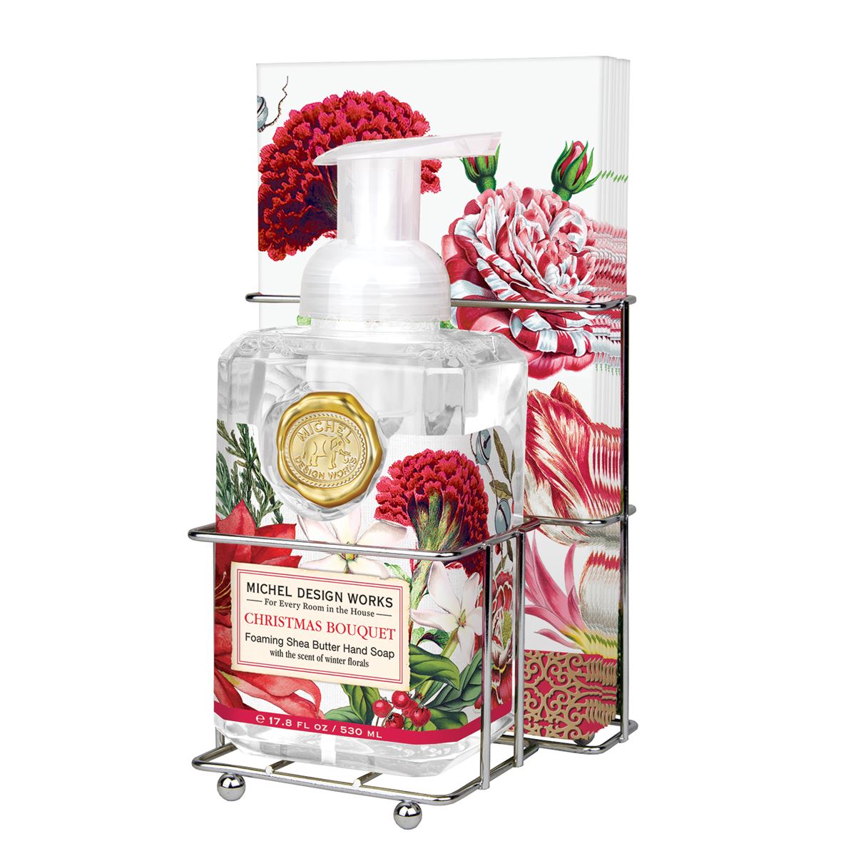 Foaming hand soap dispenser with a stack of white napkins.