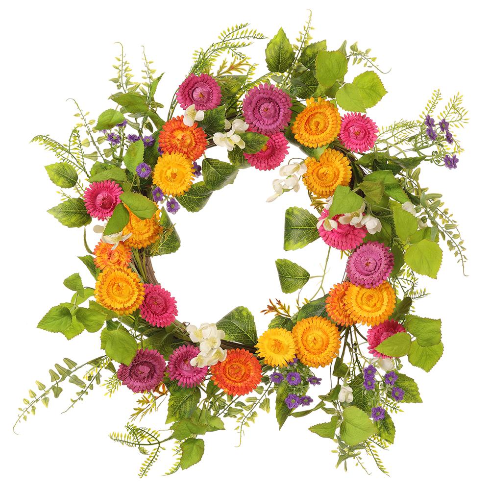 A round polyester wreath featuring a mixed arrangement of calendula flowers in orange and yellow tones with green foliage accents.