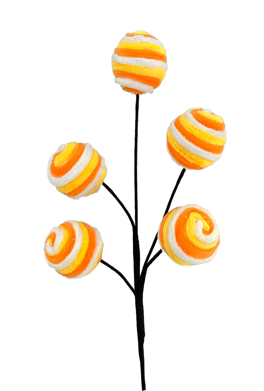 16-inch decorative pick with five orange, yellow, and white striped fuzzy twirl balls on black stems