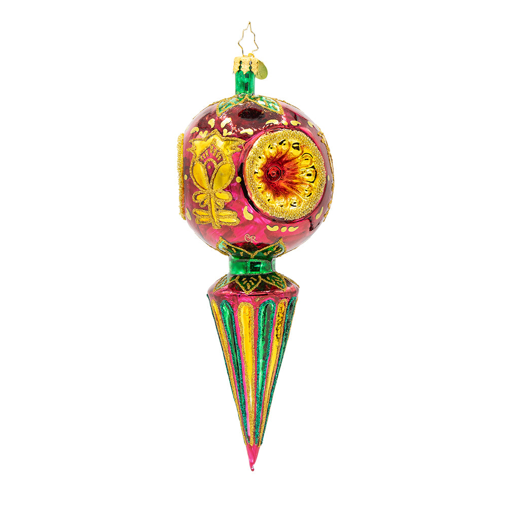 Golden Fluted Spire glass ornament with hand-painted floral designs and a triple reflector.