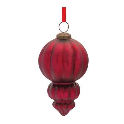 Red glass drop ornament with a ribbed texture and a red hanging ribbon.