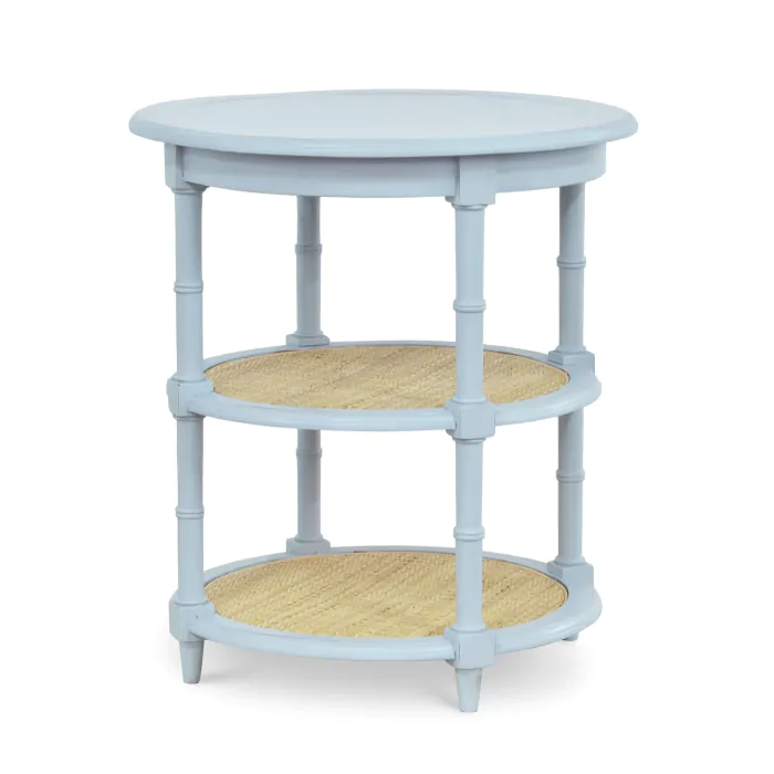 Round Martinique side table in ocean blue with natural rattan shelves