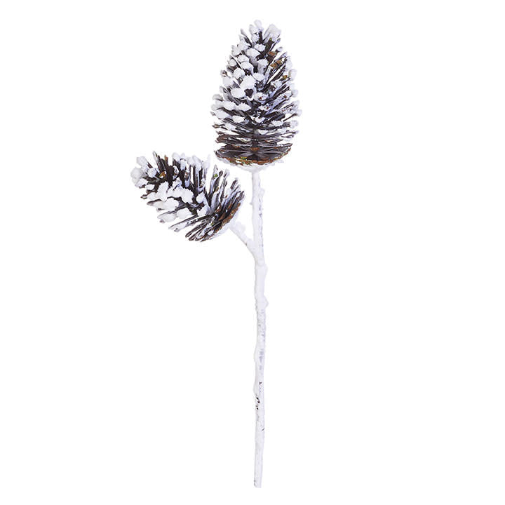 Snowy pinecone spray with two realistic pinecones on a white stem, 28.5 inches long.