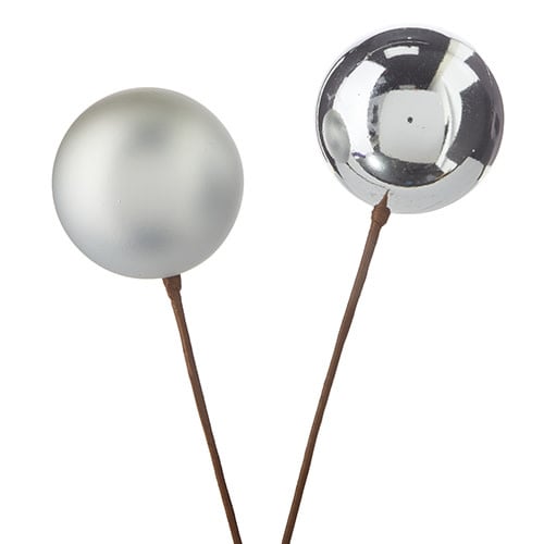 Two 12-inch silver ball ornament picks with one matte and one shiny finish on brown stems.